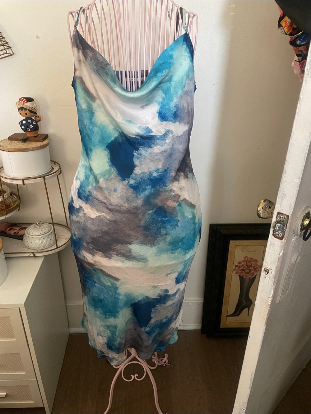 Madison Marcus Blue & White Watercolor Cowl Slip Midi Dress